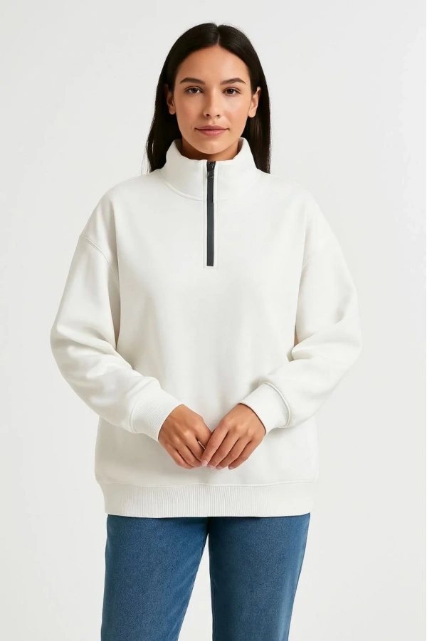 Kadın Üç İplik Dık Yaka Yarım Fermuarlı SweatShirt - Beyaz