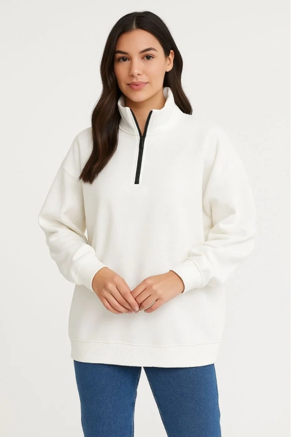 Kadın Üç İplik Dık Yaka Yarım Fermuarlı SweatShirt - Beyaz