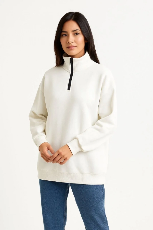 Kadın Üç İplik Dık Yaka Yarım Fermuarlı SweatShirt - Beyaz