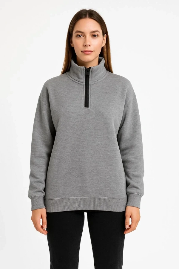 Kadın Üç İplik Dık Yaka Yarım Fermuarlı SweatShirt - Gri