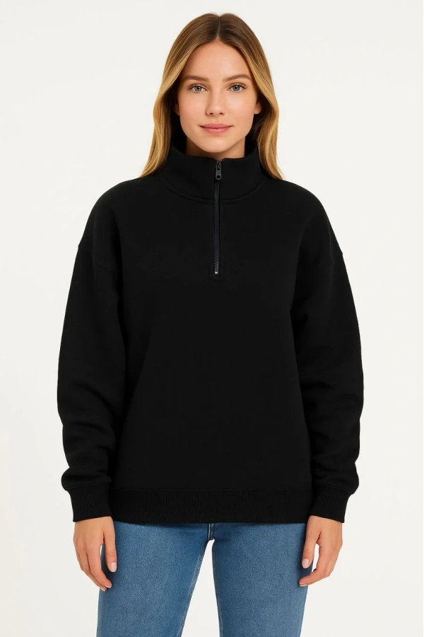 Kadın Üç İplik Dık Yaka Yarım Fermuarlı SweatShirt - Siyah