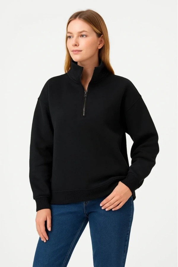 Kadın Üç İplik Dık Yaka Yarım Fermuarlı SweatShirt - Siyah