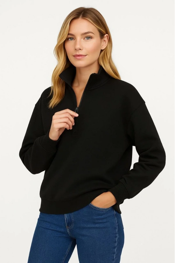Kadın Üç İplik Dık Yaka Yarım Fermuarlı SweatShirt - Siyah