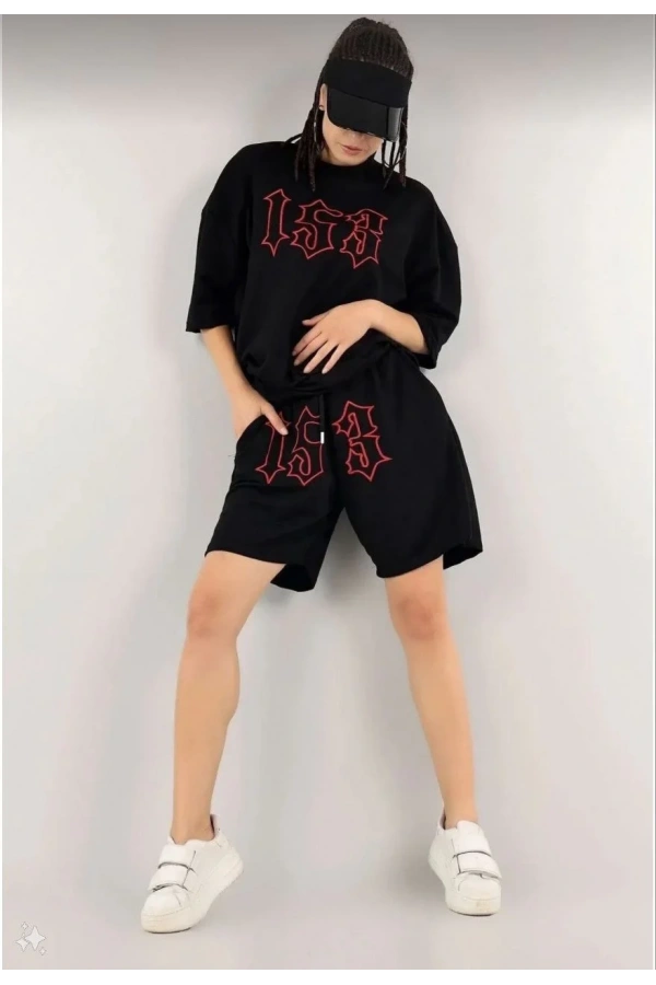 Kadın Unisex Nakış İşlemeli Şort Takım - Siyah