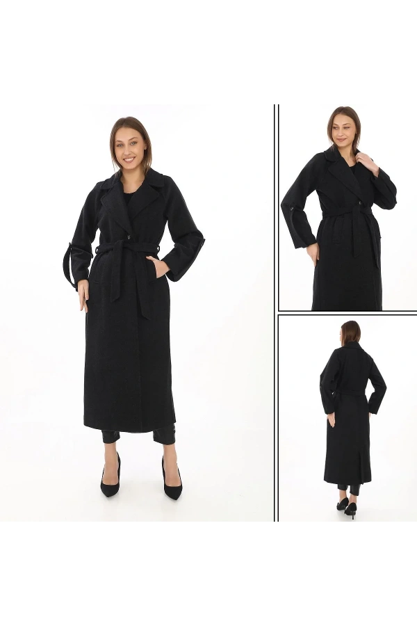 Kadın Uzun Kaşe Kaban – Yünlü Dokuma Kaşmir Kumaş, Kruvaze Yaka, Kuşaklı Astarlı Tesettür Uyumlu Şık Kışlık Siyah Model - Siyah