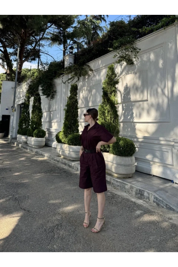 Kadın Yakalı Gömlek Kemerli Şortlu Takım - Bordo