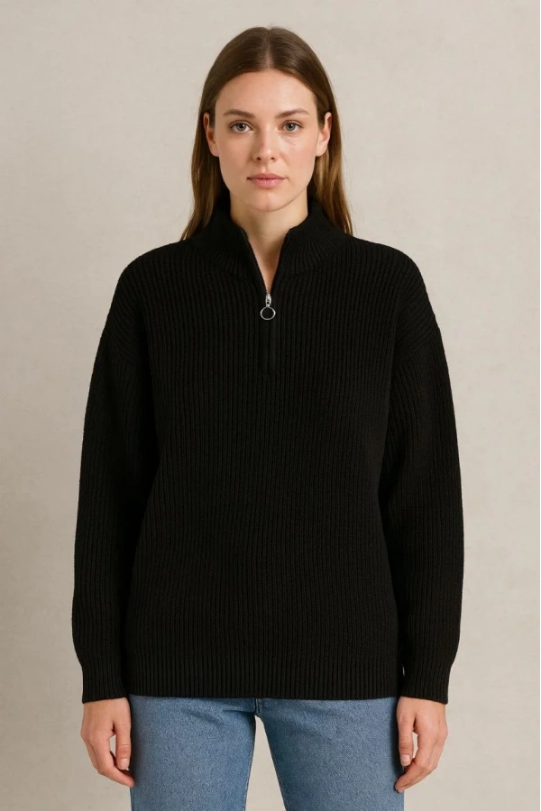 KADIN Yarım Fermuarlı Triko Kazak – Selanik Örgü, Dik Yaka, Pamuklu Dokuma, Oversize Uzun Kollu Kışlık Model - Siyah