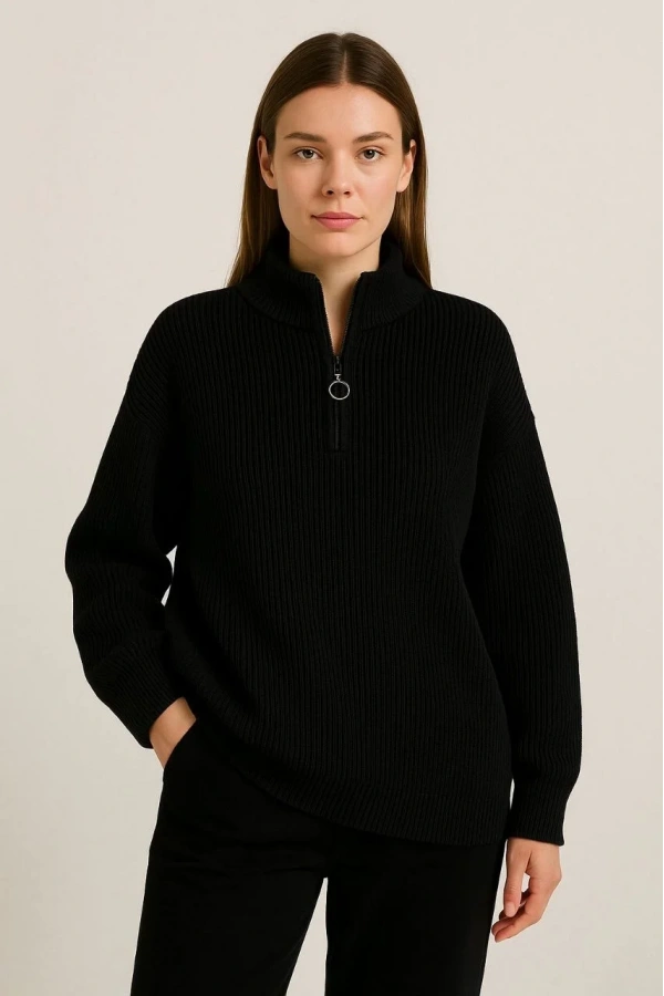 KADIN Yarım Fermuarlı Triko Kazak – Selanik Örgü, Dik Yaka, Pamuklu Dokuma, Oversize Uzun Kollu Kışlık Model - Siyah