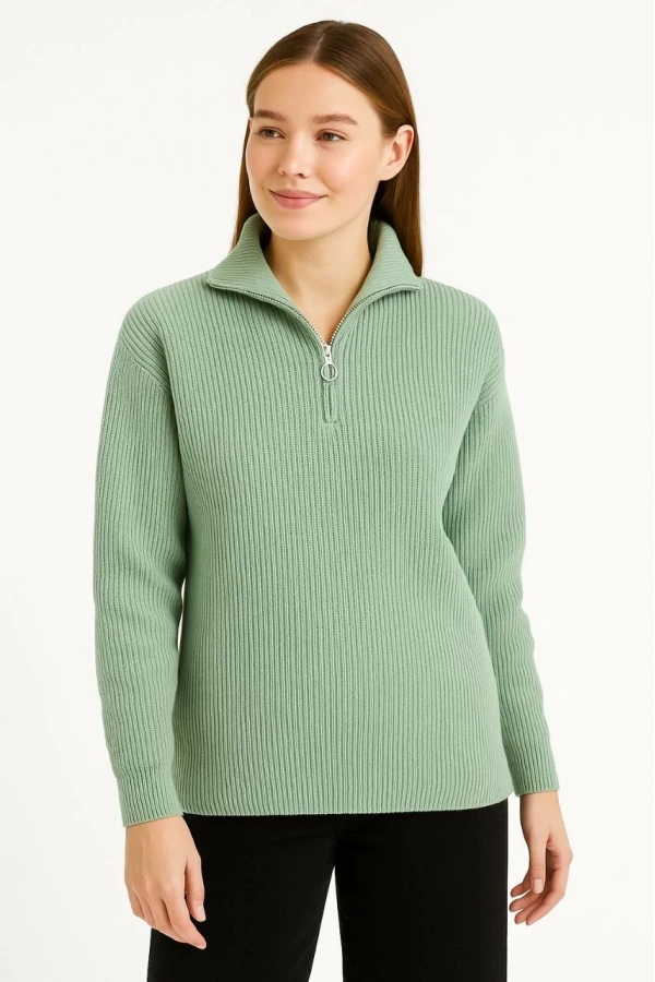 KADIN Yarım Fermuarlı Triko Kazak – Selanik Örgü, Dik Yaka, Pamuklu Dokuma, Oversize Uzun Kollu Kışlık Model - Mint Yeşili