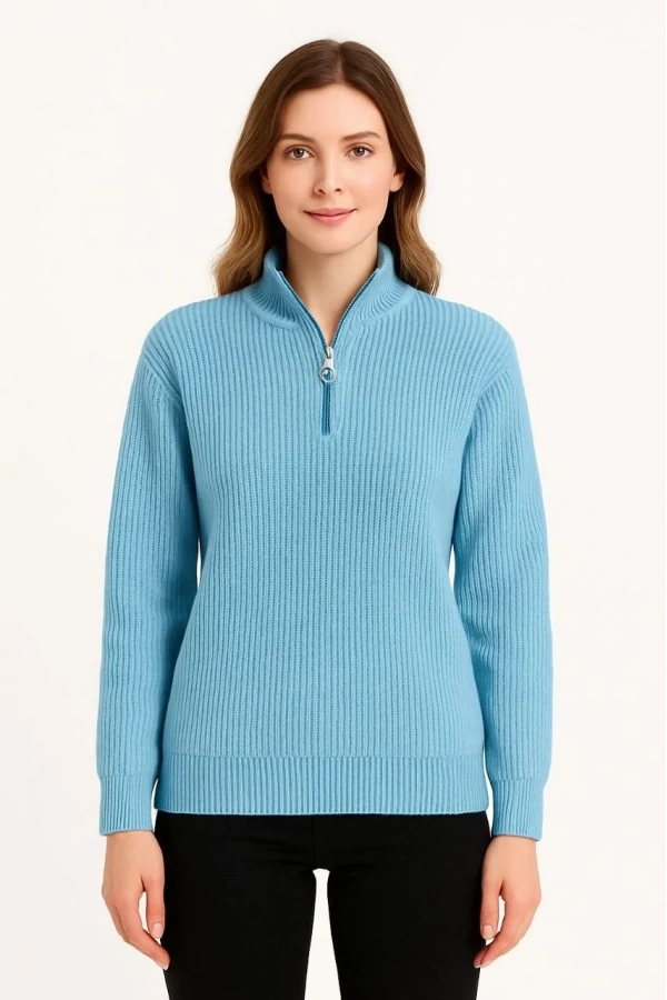 KADIN Yarım Fermuarlı Triko Kazak – Selanik Örgü, Dik Yaka, Pamuklu Dokuma, Oversize Uzun Kollu Kışlık Model - Bebe Mavisi