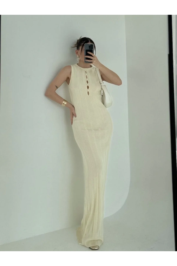 Kalın Fitilli Uzun Triko Elbise - Kırık Beyaz