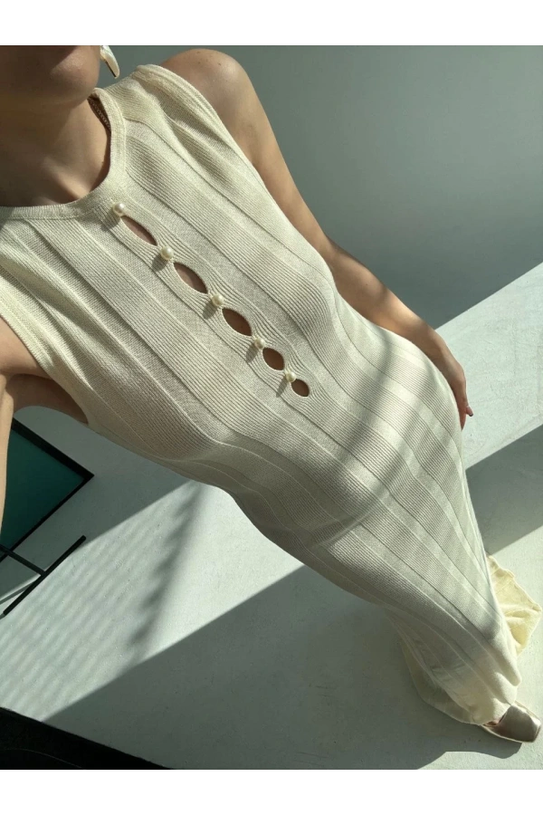 Kalın Fitilli Uzun Triko Elbise - Kırık Beyaz