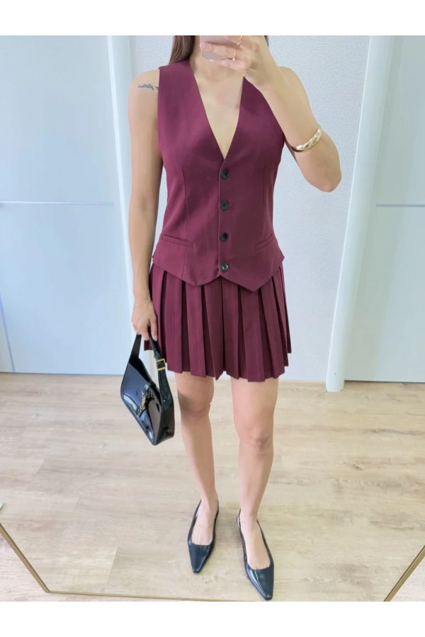 Keten Takım Görünümlü Düğme Detaylı Yelekli Mini Elbise - Bordo