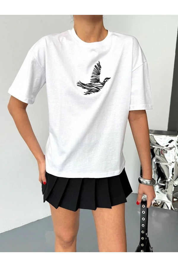 Kısa Kol Baskılı T-shirt - Beyaz