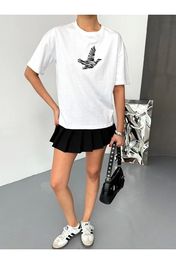 Kısa Kol Baskılı T-shirt - Beyaz