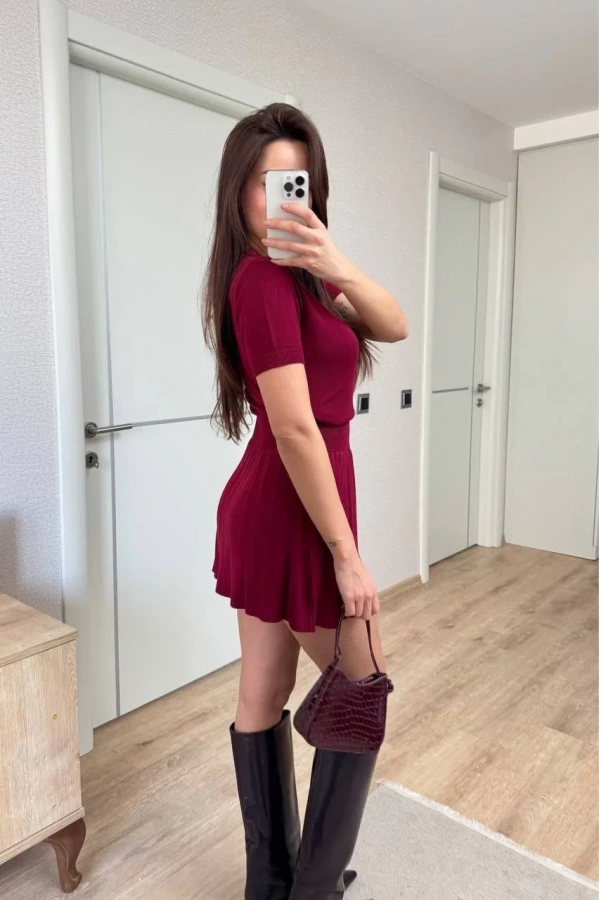 Kısa Kollu Bluz Mini Etekli ikili Takım Triko - Bordo