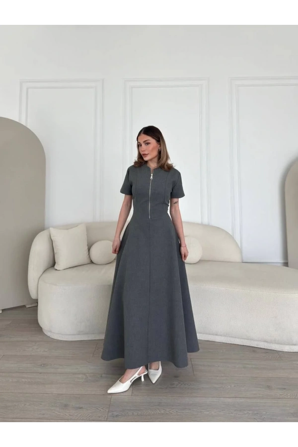 Kısa Kollu Önden Fermuarlı Çan Etekli Uzun Elbise - Antrasit
