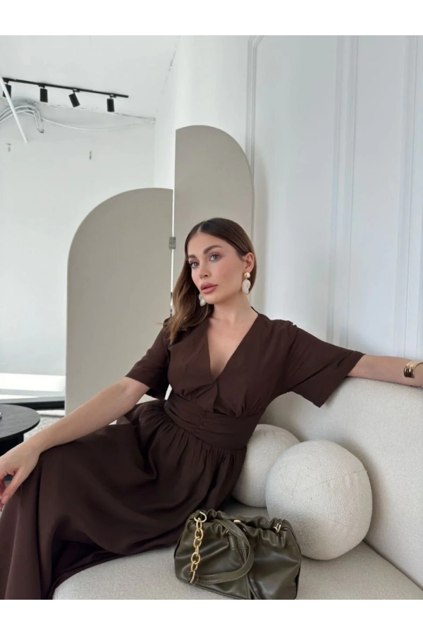 Kısa Kollu Uzun Elbise - Kahve