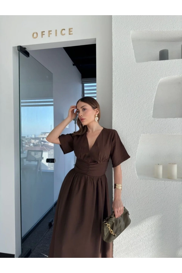 Kısa Kollu Uzun Elbise - Kahve