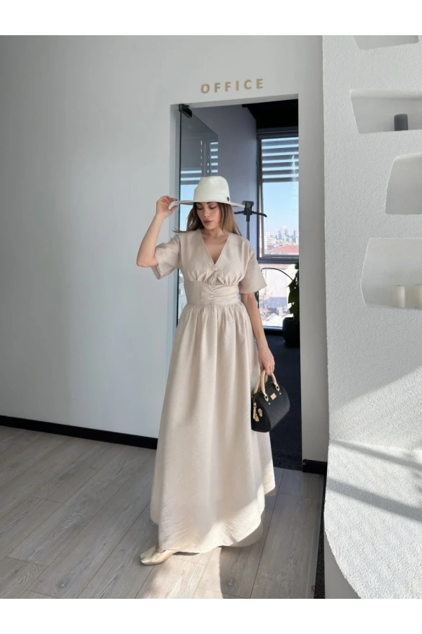 Kısa Kollu Uzun Elbise - Kırık Beyaz