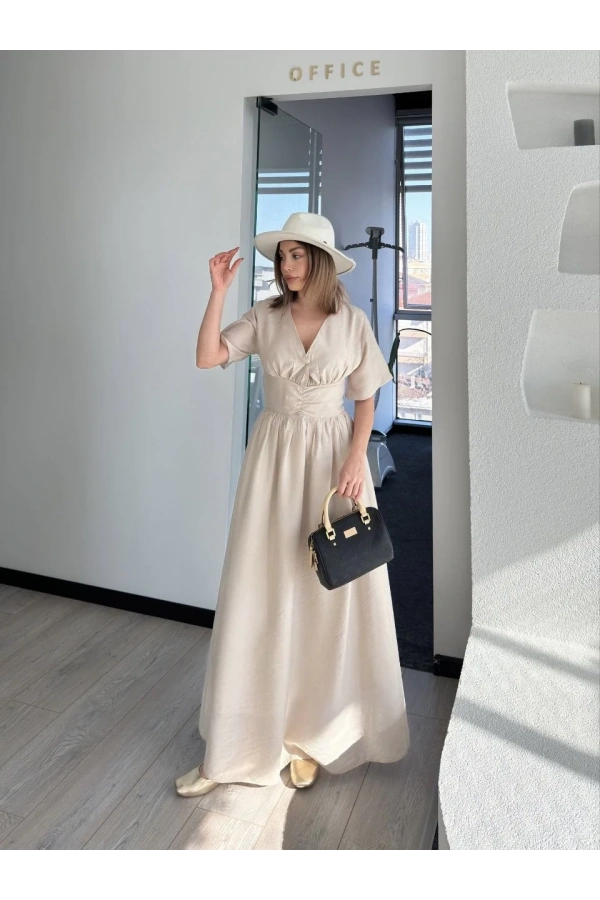 Kısa Kollu Uzun Elbise - Kırık Beyaz