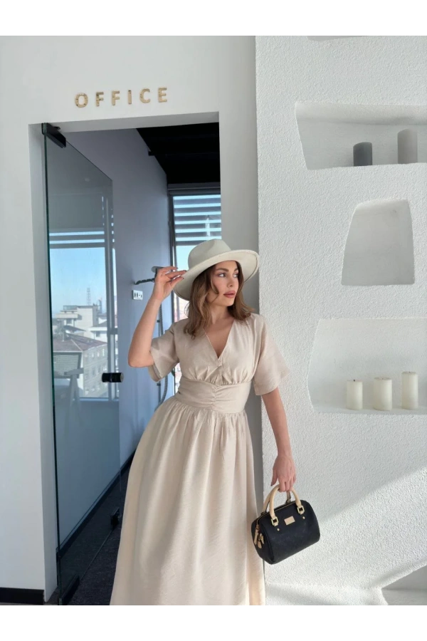 Kısa Kollu Uzun Elbise - Kırık Beyaz