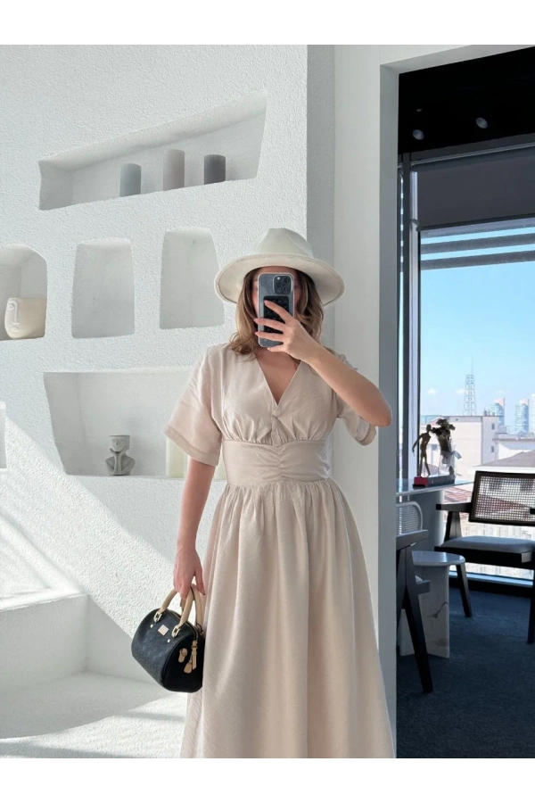 Kısa Kollu Uzun Elbise - Kırık Beyaz