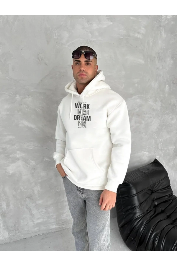 Kışlık Üç İplik Kapüşonlu SweatShirt - Beyaz