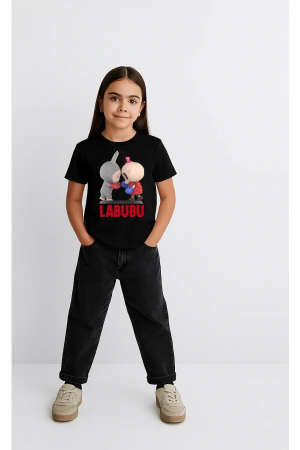 Kız Labubu Çocuk Baskılı T-Shirt - Siyah
