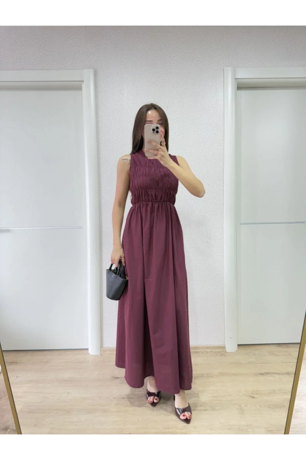 Kolsuz Göğüs Lastıklı %100 Poplin Uzun Elbise - Bordo
