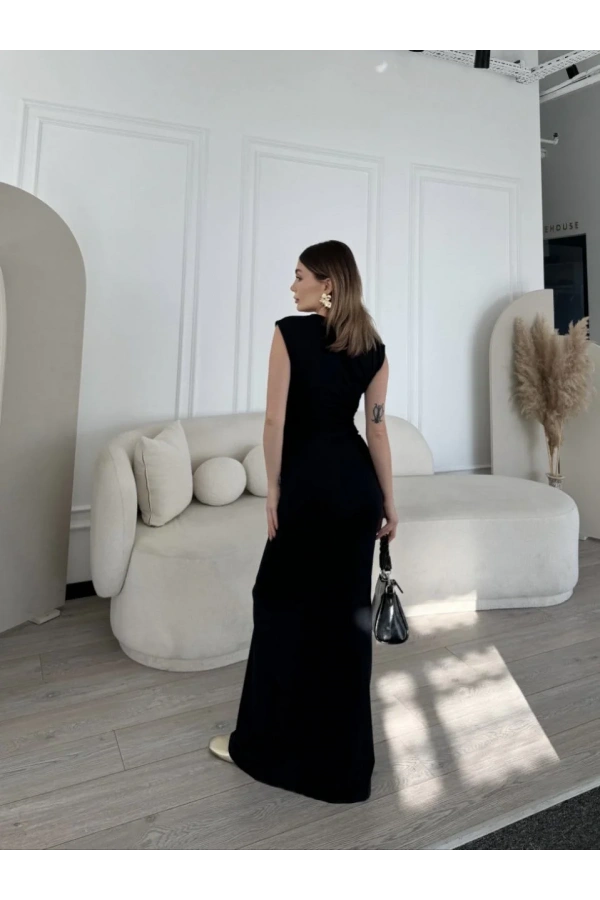 Kolsuz Uzun Likralı Elbise - Siyah