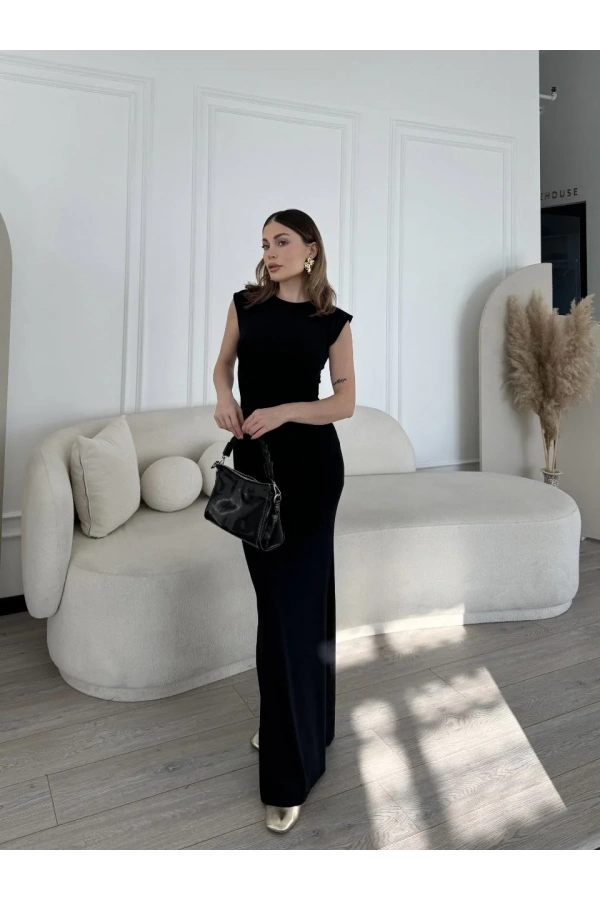 Kolsuz Uzun Likralı Elbise - Siyah