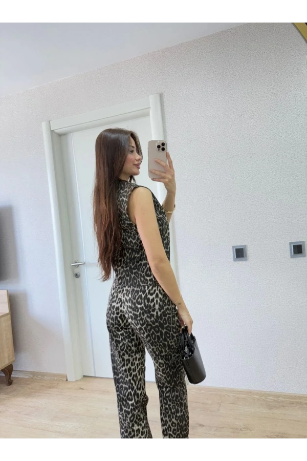 leopar desenli Düğmeli Bluzlu Pantolon İkili Takım -Leopar