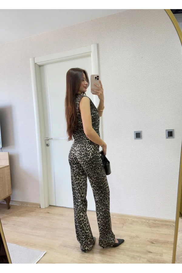 leopar desenli Düğmeli Bluzlu Pantolon İkili Takım -Leopar