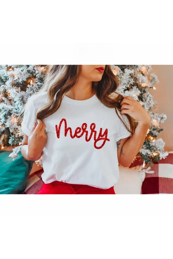 Merry Baskılı T-shirt - Beyaz