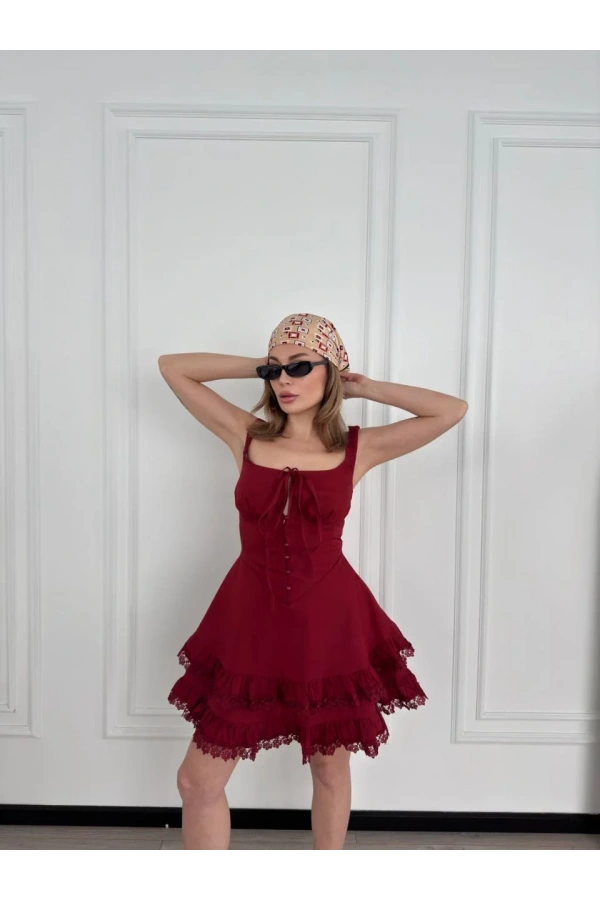 Mini Askılı Elbise - Bordo