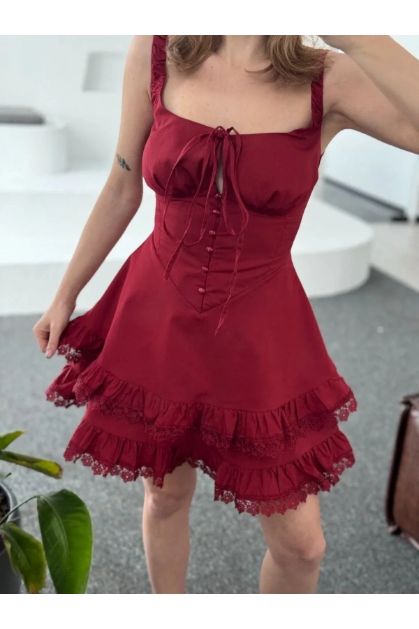 Mini Askılı Elbise - Bordo