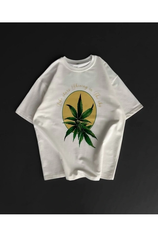 Ön ve Arka Baskılı Oversize Bisiklet Yaka T-shirt- Beyaz