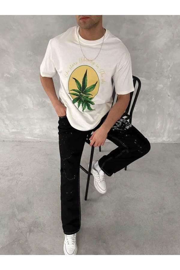 Ön ve Arka Baskılı Oversize Bisiklet Yaka T-shirt- Beyaz