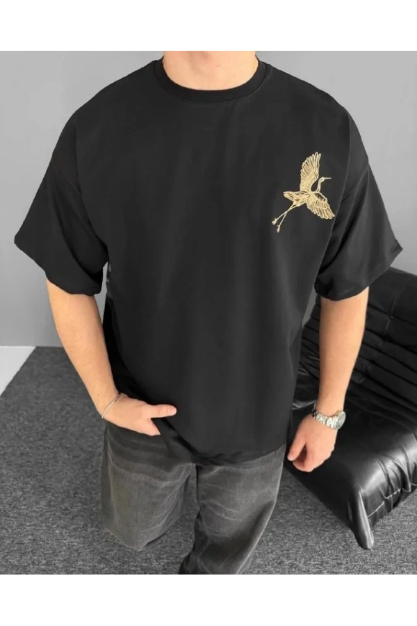 Ön ve Arka Baskılı Oversize Bisiklet Yaka T-shirt - Siyah