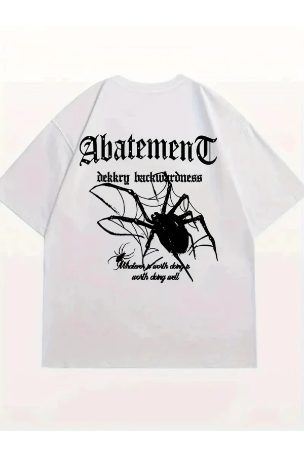 Örümcek Ağı Desenli Baskılı Oversize Bisiklet Yaka T-shirt  - Beyaz