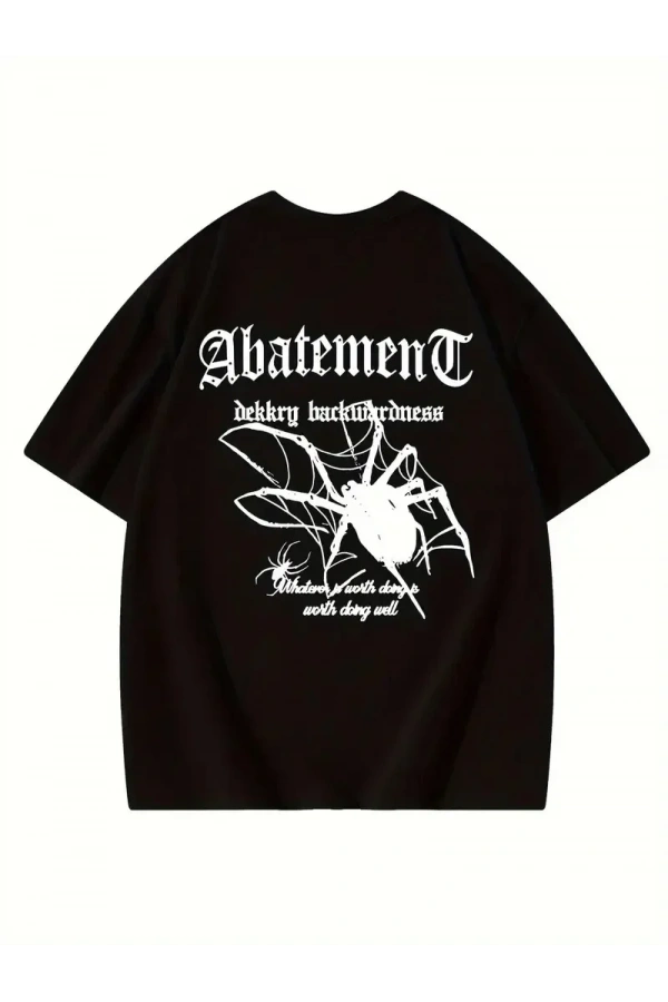 Örümcek Ağı Desenli Baskılı Oversize Bisiklet Yaka T-shirt - Siyah