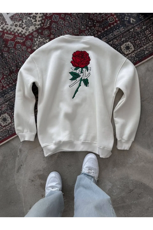 Oversize Üç İplik Bisiklet Yaka Baskılı SweatShirt - Beyaz
