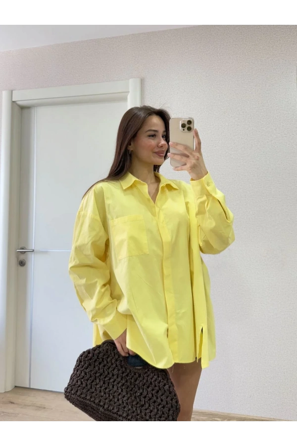 Poplin Kadın Yakalı Yandan Yırtmaçlı Arka Pens Detaylı Gömlek - Sarı