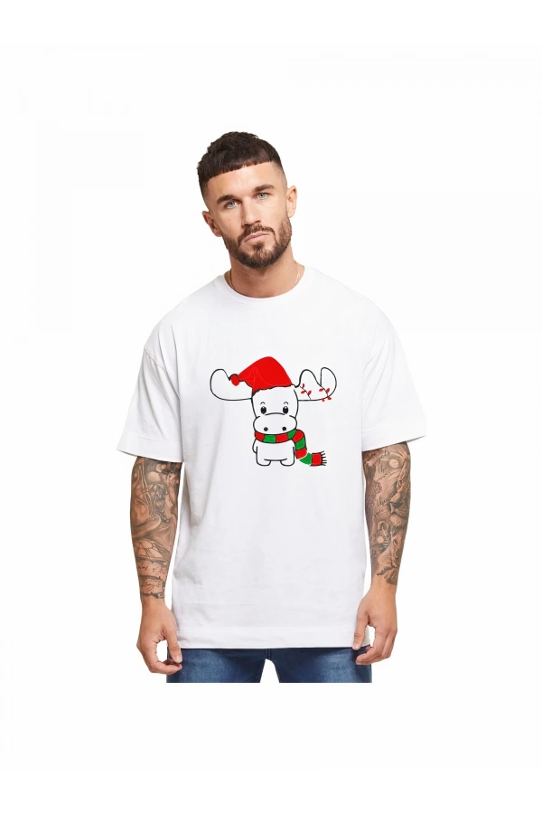 Ren Geyiği baskılı Noel İçin T-shirt - Beyaz