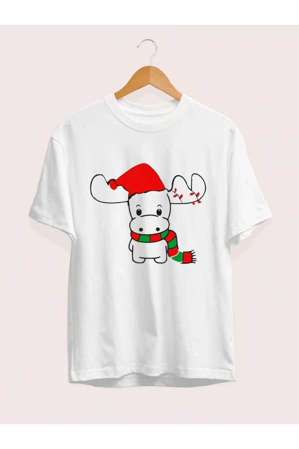 Ren Geyiği baskılı Noel İçin T-shirt - Beyaz