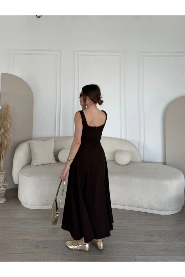 Sırt Dekolteli Kolsuz Uzun Elbise - Kahverengi