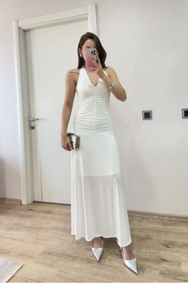 Sırt dekolteli Uzun Elbise - Beyaz