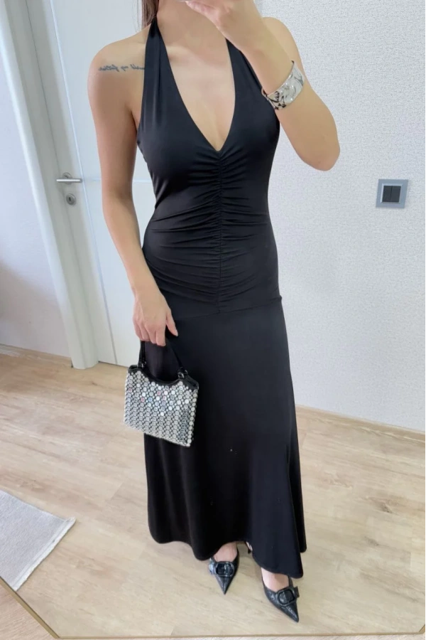 Sırt dekolteli Uzun Elbise - Siyah