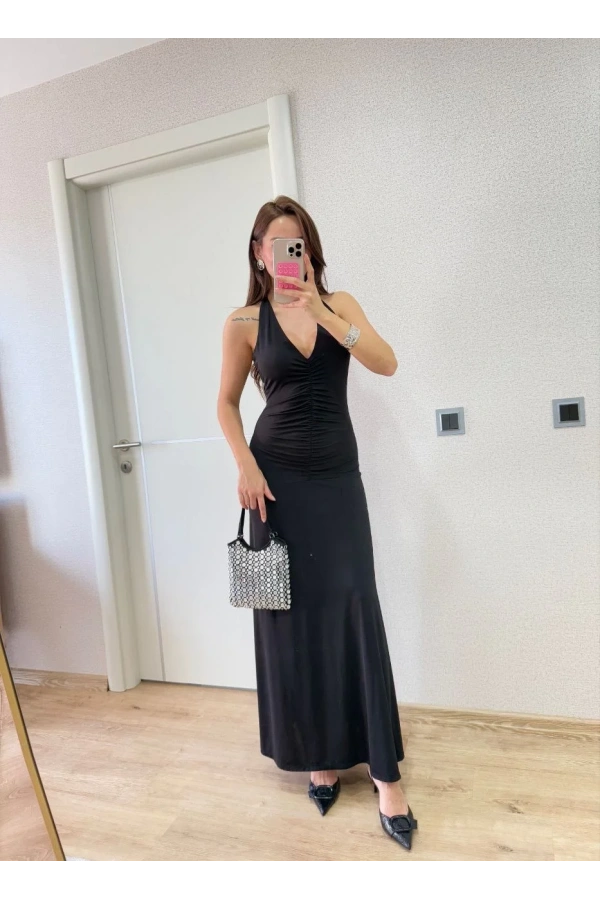 Sırt dekolteli Uzun Elbise - Siyah
